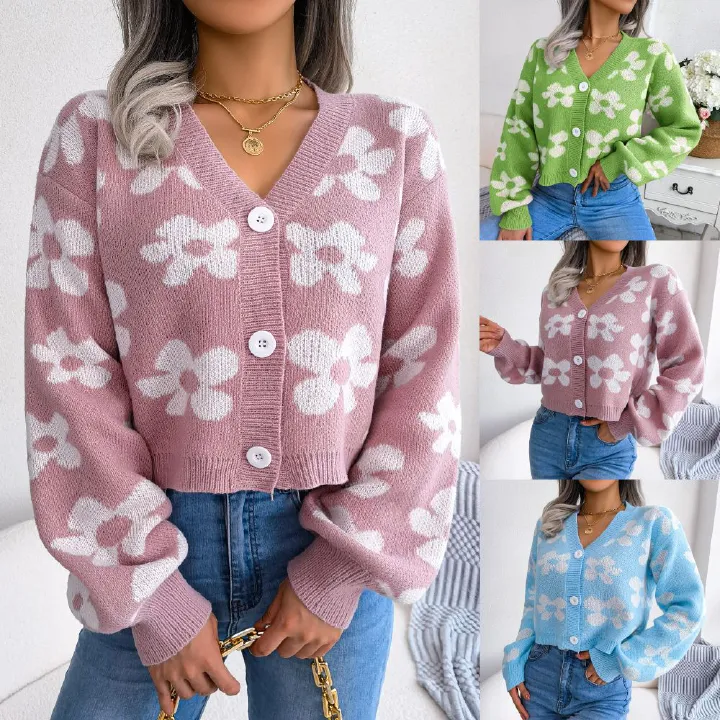 Women Sweaters Cardigan Button Down V-Neck Flower Print Cropped Knitted Sweater Cardigan for Fall Clothing