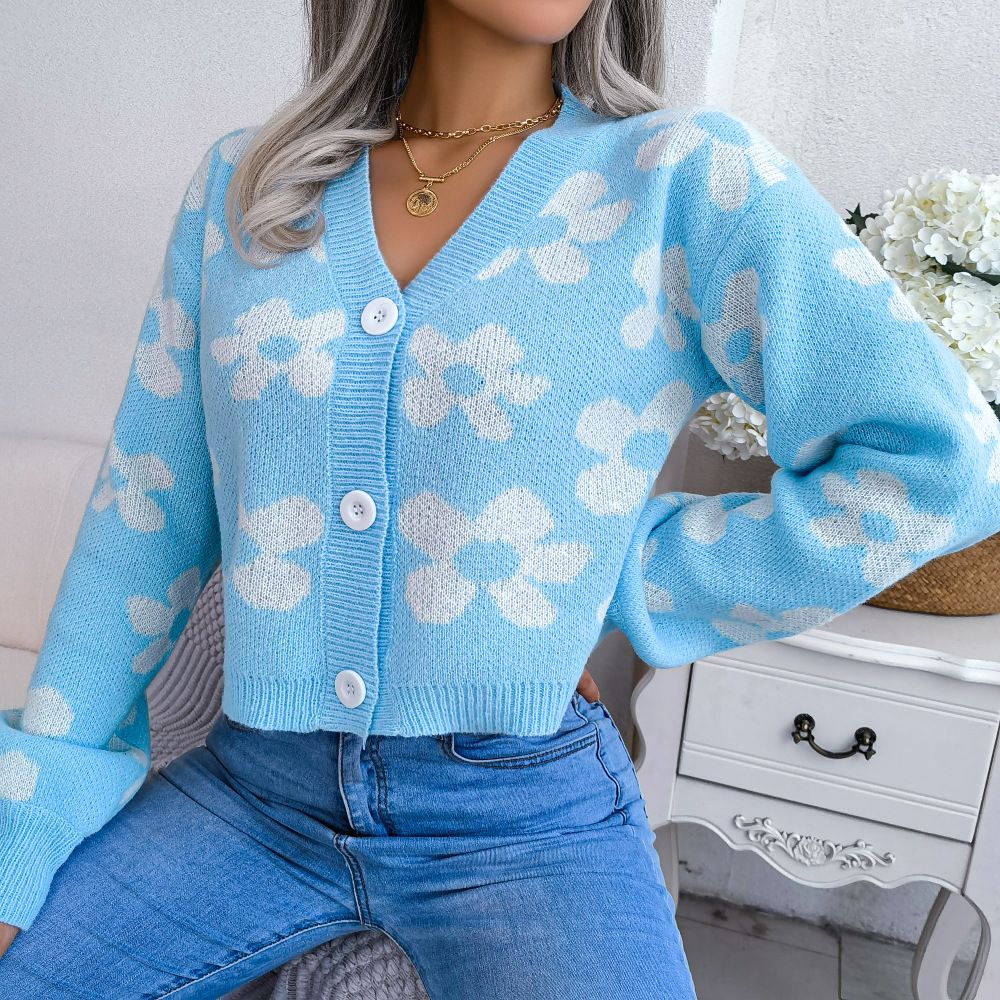 Women Sweaters Cardigan Button Down V-Neck Flower Print Cropped Knitted Sweater Cardigan for Fall Clothing