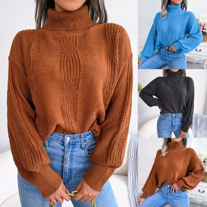 Women's Sweater Knit Turtleneck Long Sleeve Twist Pattern Lantern Sleeve Women's Knit Base Sweater Sehe Fashion Sweaters