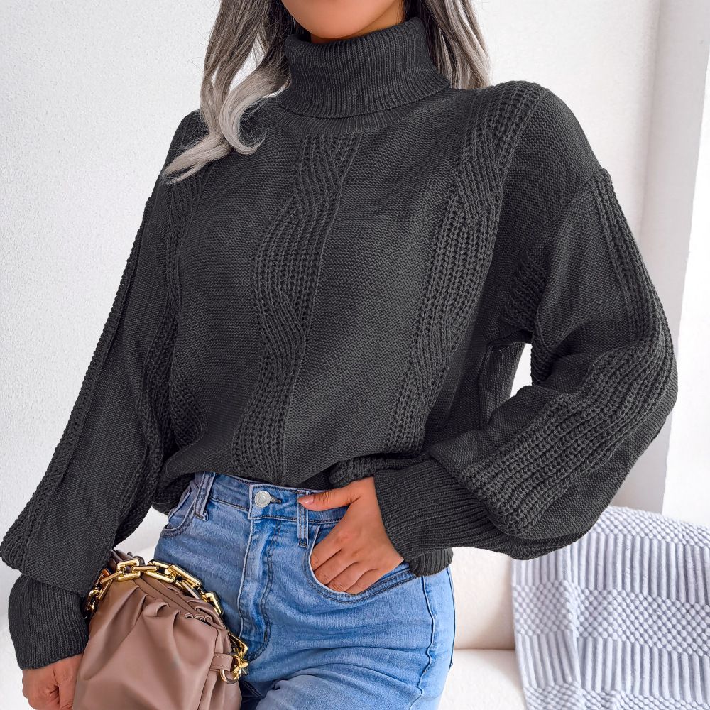Women's Sweater Knit Turtleneck Long Sleeve Twist Pattern Lantern Sleeve Women's Knit Base Sweater Sehe Fashion Sweaters