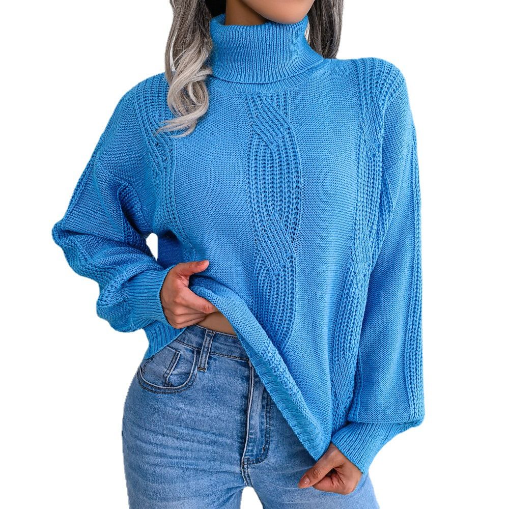 Women's Sweater Knit Turtleneck Long Sleeve Twist Pattern Lantern Sleeve Women's Knit Base Sweater Sehe Fashion Sweaters