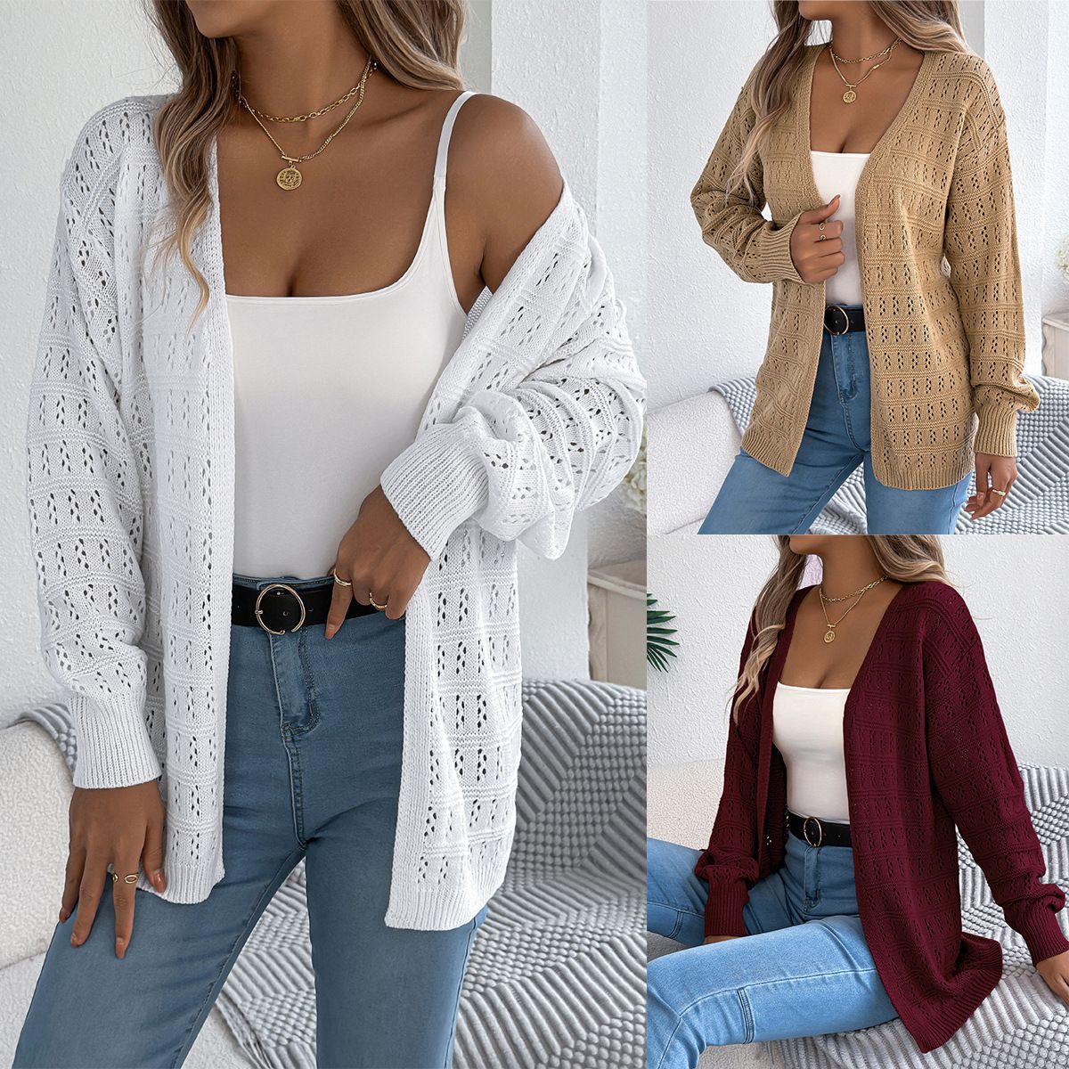 New Style European and American Autumn/winter Mid Size Sweater Jacket, Loose Knit Cardigan, V-neck Solid Color Casual Style Sweaters