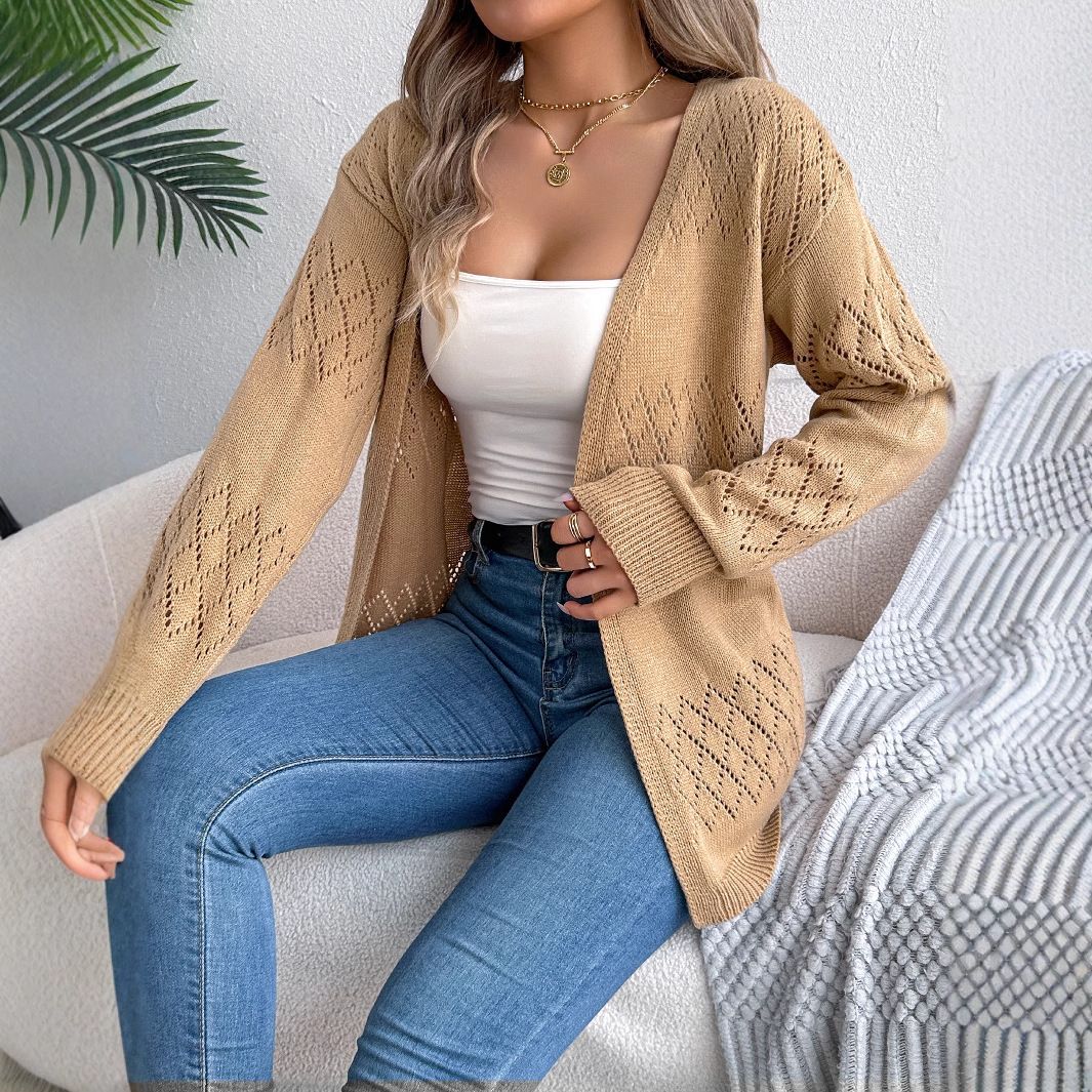 Autumn Fashion Korean Style Women's V-Neck Cardigan Sweater Casual Oversized Long Knit Tops Solid Pattern Polyester Coats