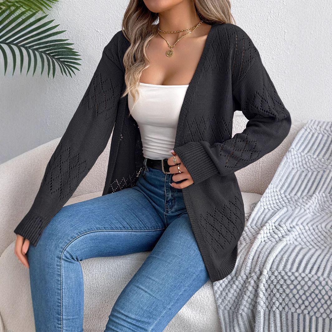 Autumn Fashion Korean Style Women's V-Neck Cardigan Sweater Casual Oversized Long Knit Tops Solid Pattern Polyester Coats