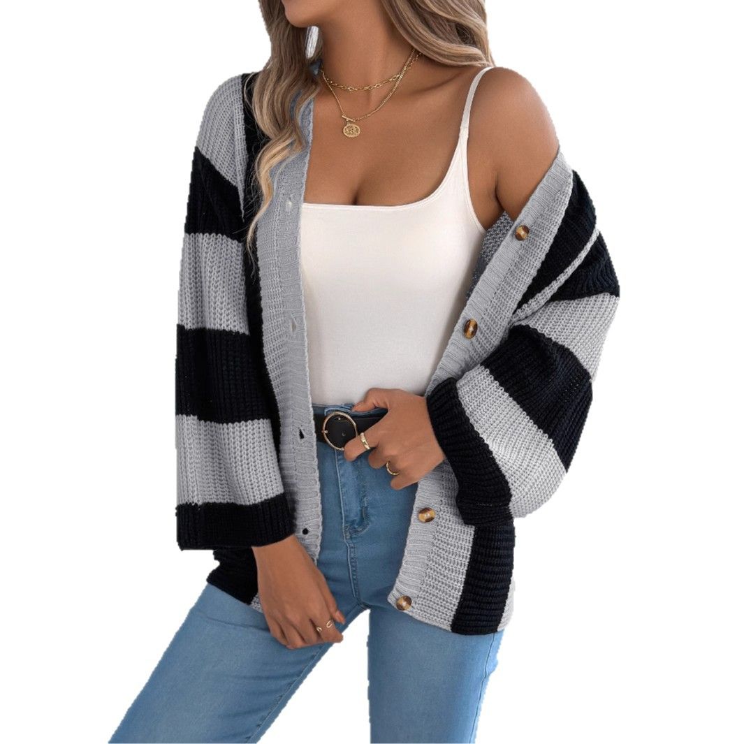 Contrast Color Stripes Women's Sweater Cardigan Autumn and Winter New Casual Loose Foreign Trade Women's Knitwear  Sweaters