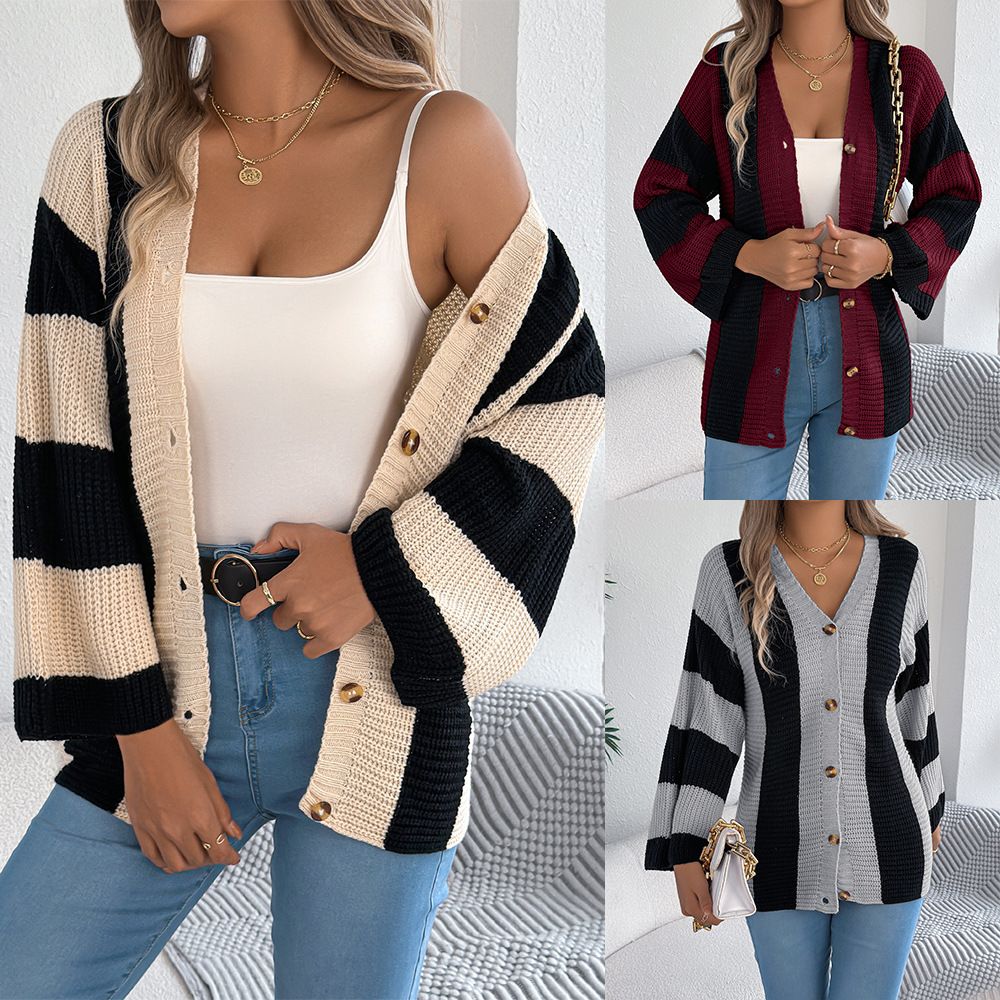 Contrast Color Stripes Women's Sweater Cardigan Autumn and Winter New Casual Loose Foreign Trade Women's Knitwear  Sweaters