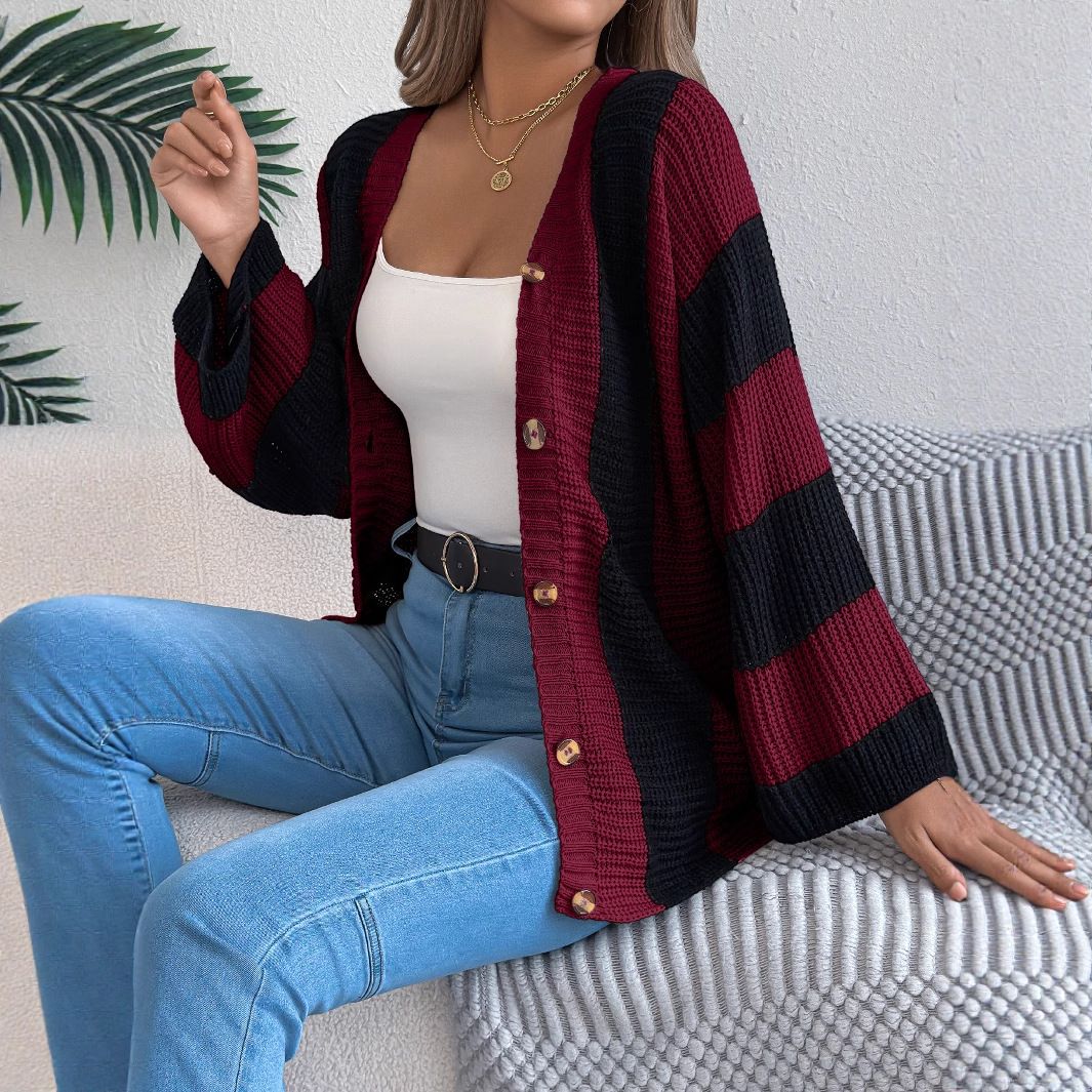 Contrast Color Stripes Women's Sweater Cardigan Autumn and Winter New Casual Loose Foreign Trade Women's Knitwear  Sweaters