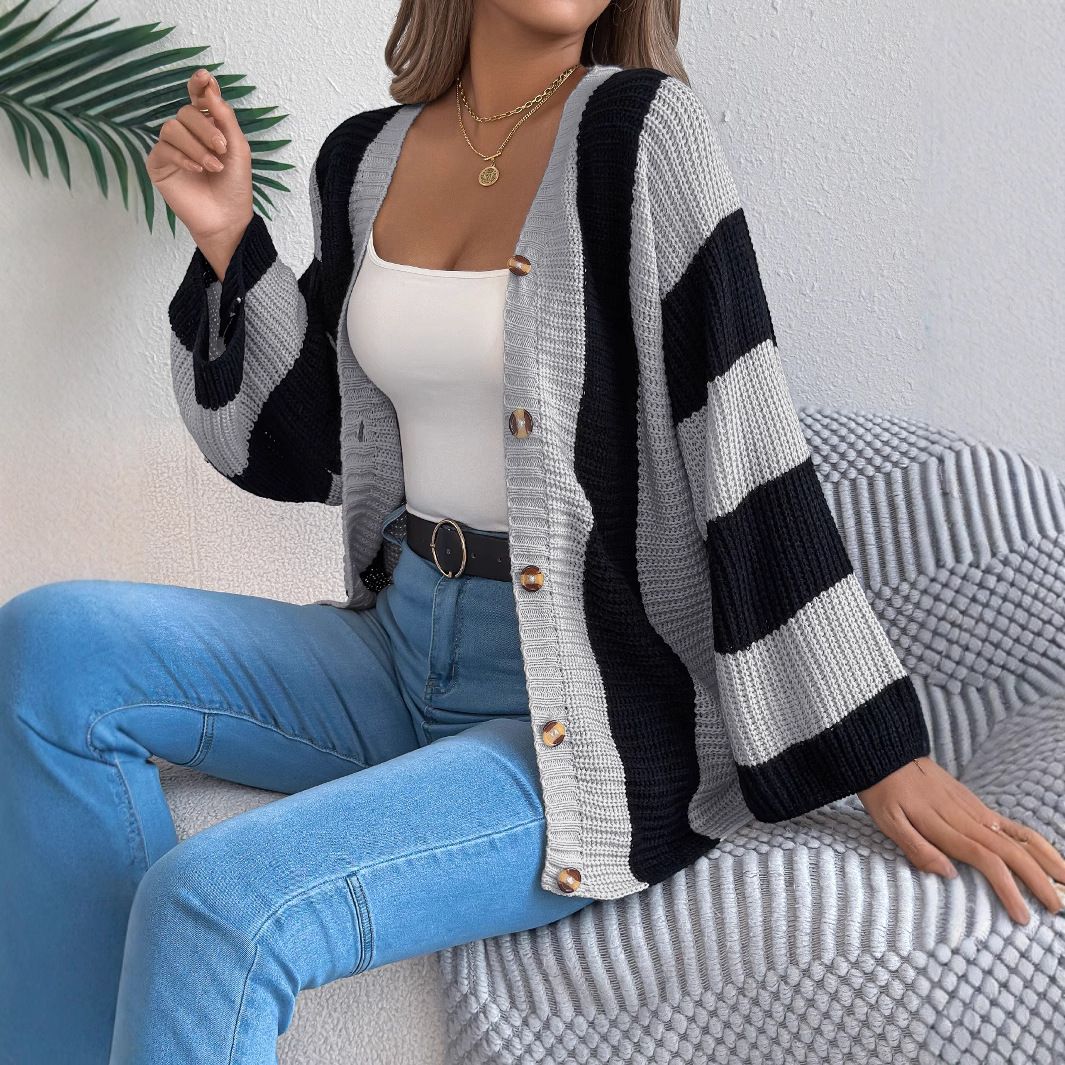 Contrast Color Stripes Women's Sweater Cardigan Autumn and Winter New Casual Loose Foreign Trade Women's Knitwear  Sweaters