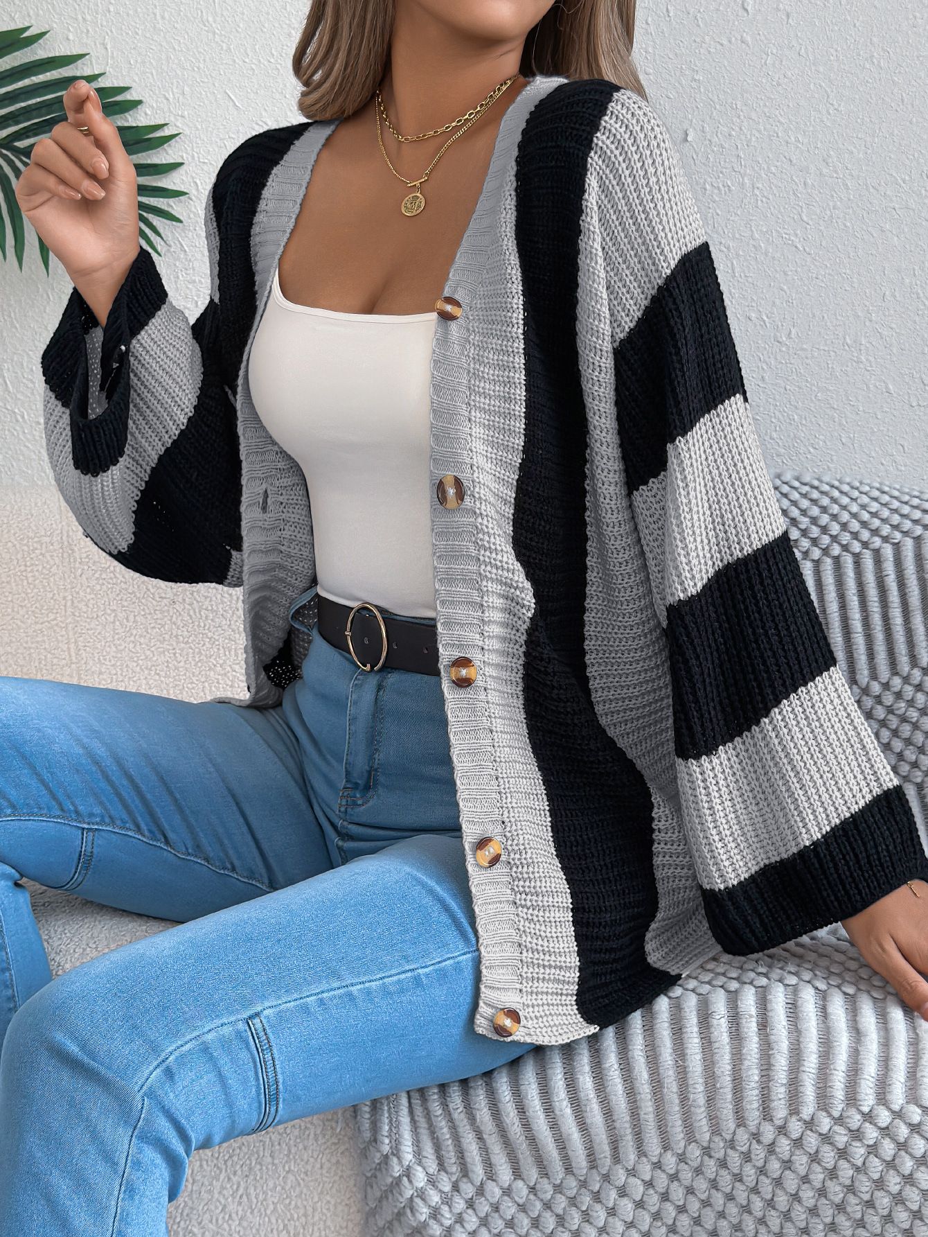 Contrast Color Stripes Women's Sweater Cardigan Autumn and Winter New Casual Loose Foreign Trade Women's Knitwear  Sweaters
