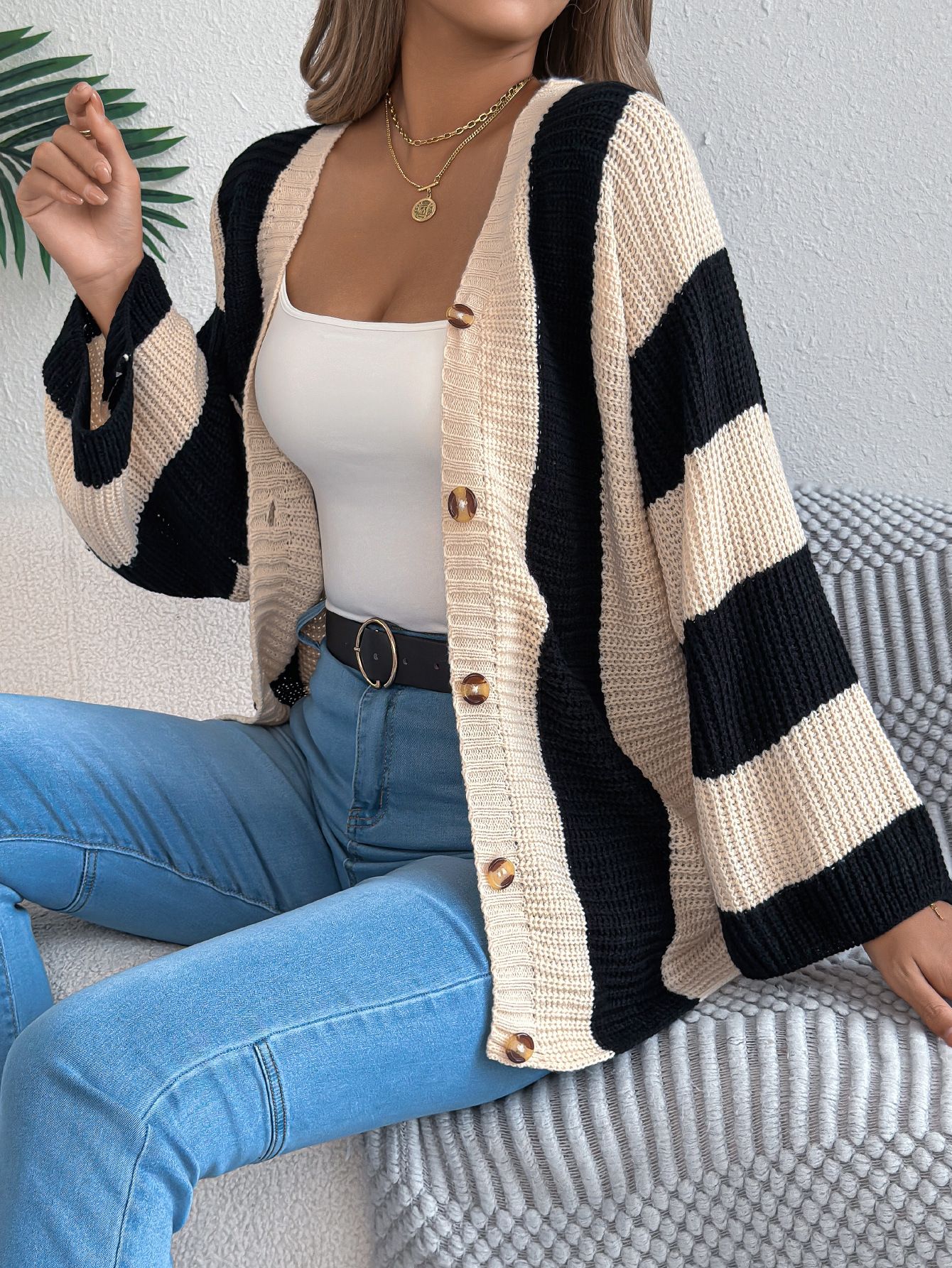 Contrast Color Stripes Women's Sweater Cardigan Autumn and Winter New Casual Loose Foreign Trade Women's Knitwear  Sweaters