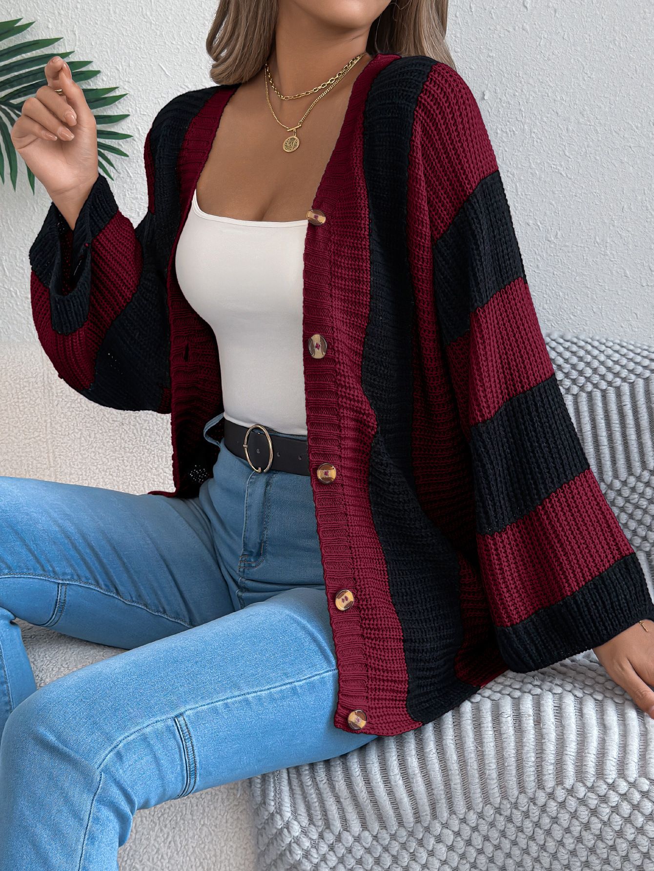 Contrast Color Stripes Women's Sweater Cardigan Autumn and Winter New Casual Loose Foreign Trade Women's Knitwear  Sweaters