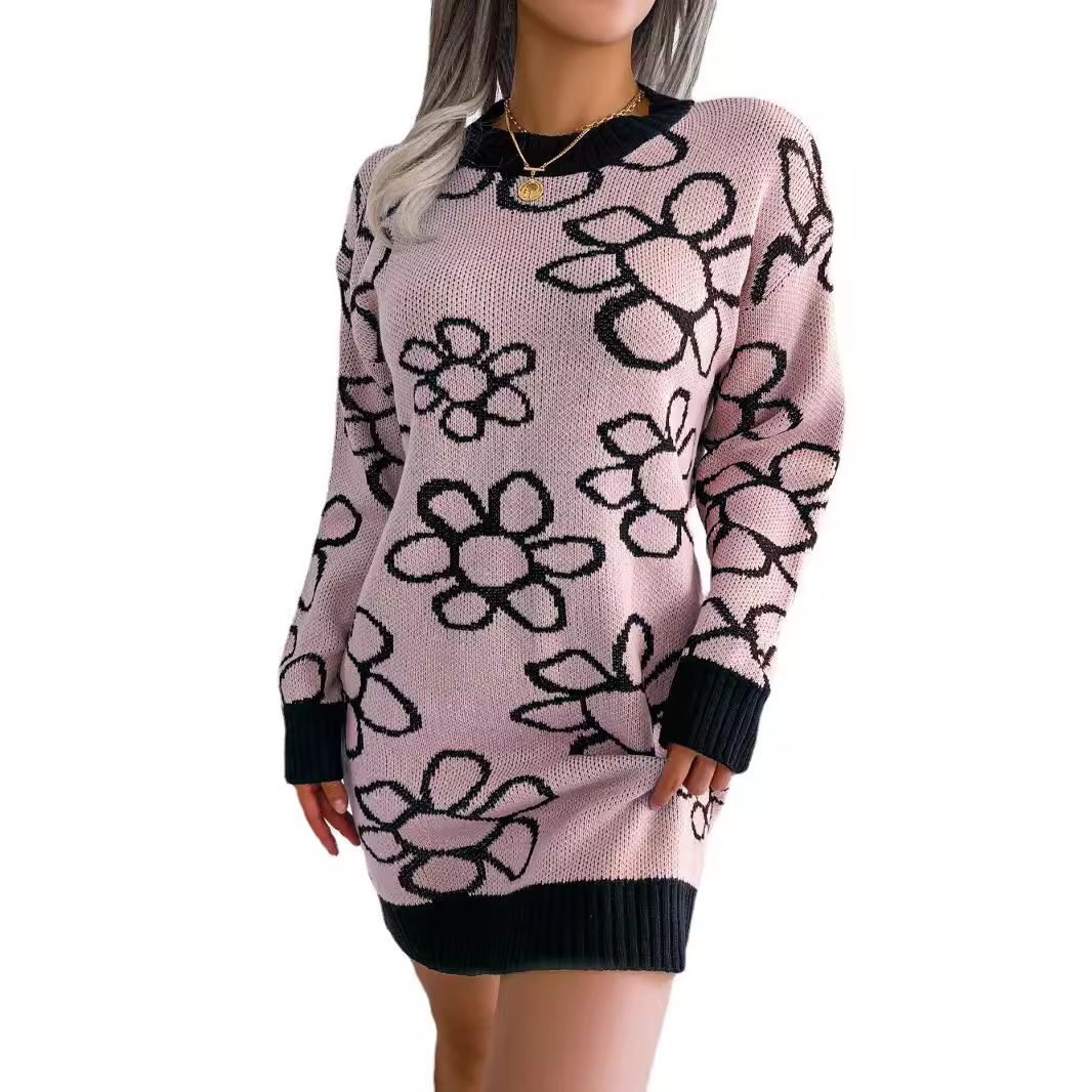 European American Women's Fashionable Spring Fall Flower Jacquard Pullovers Long-Sleeved Tops Stylish Korean Neck Design Front Sweaters