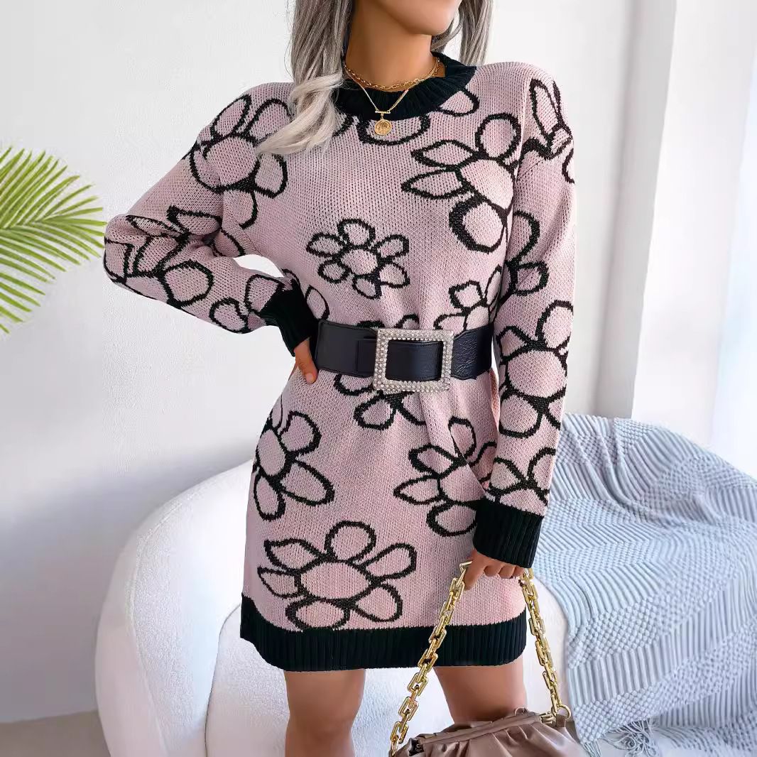 European American Women's Fashionable Spring Fall Flower Jacquard Pullovers Long-Sleeved Tops Stylish Korean Neck Design Front Sweaters