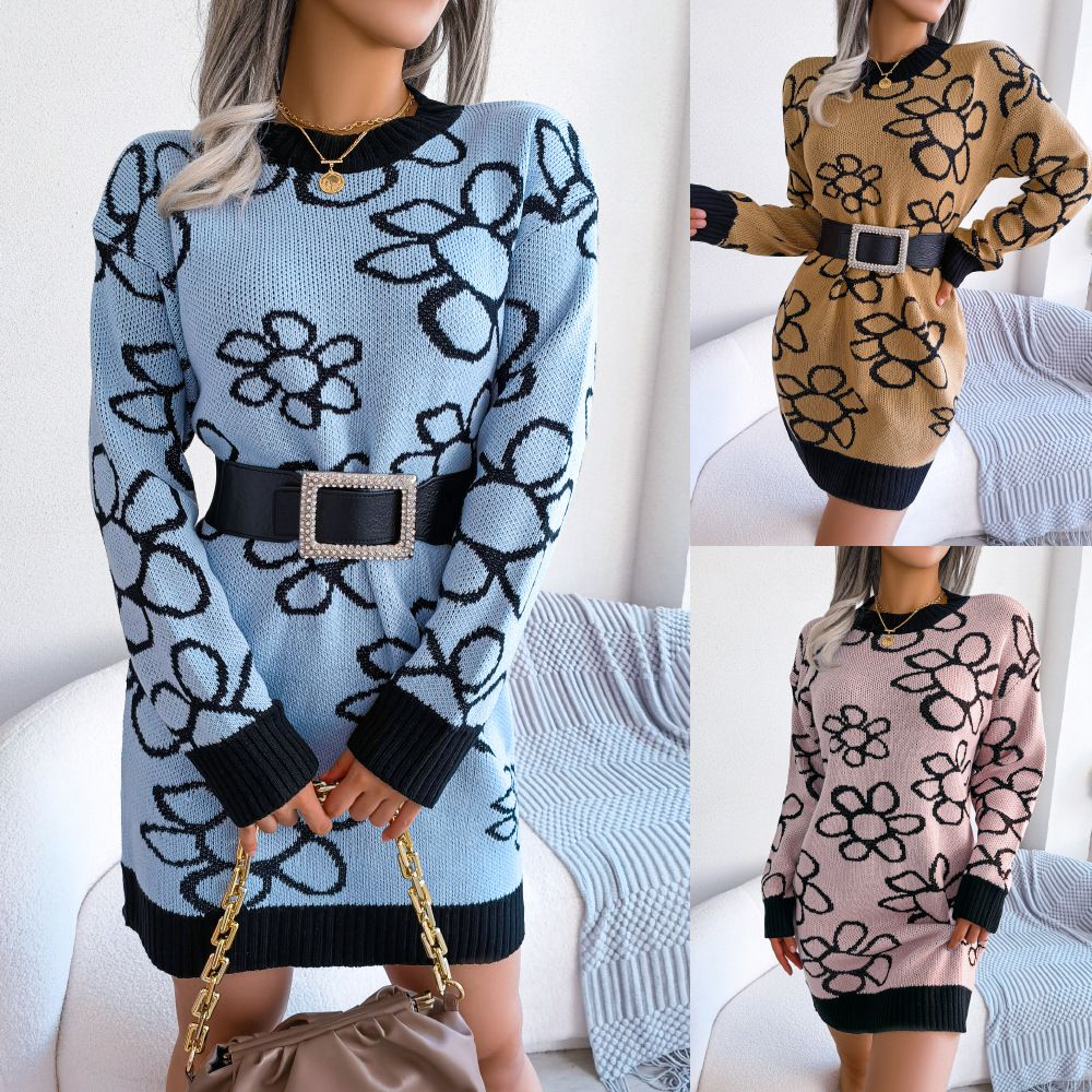 European American Women's Fashionable Spring Fall Flower Jacquard Pullovers Long-Sleeved Tops Stylish Korean Neck Design Front Sweaters