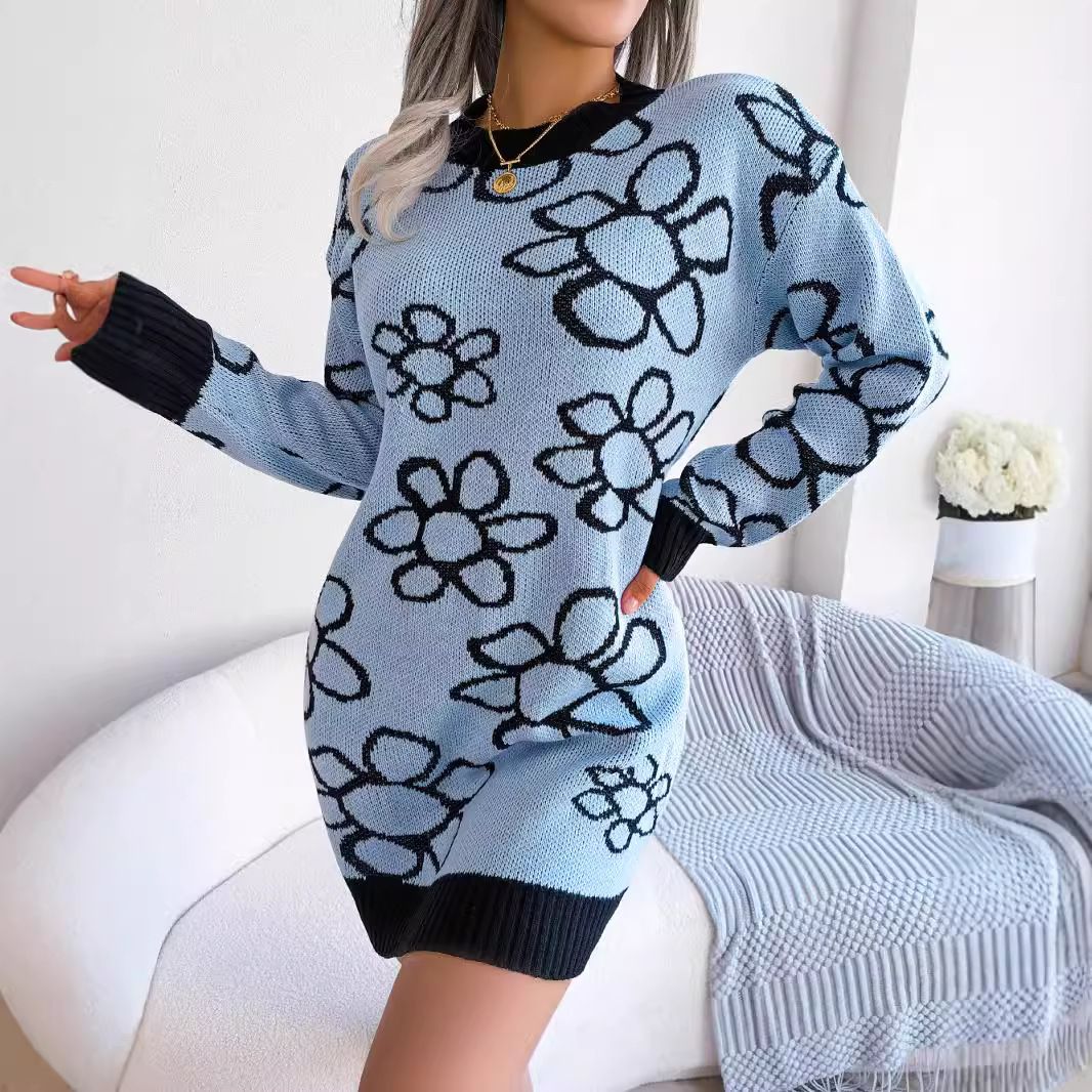 European American Women's Fashionable Spring Fall Flower Jacquard Pullovers Long-Sleeved Tops Stylish Korean Neck Design Front Sweaters