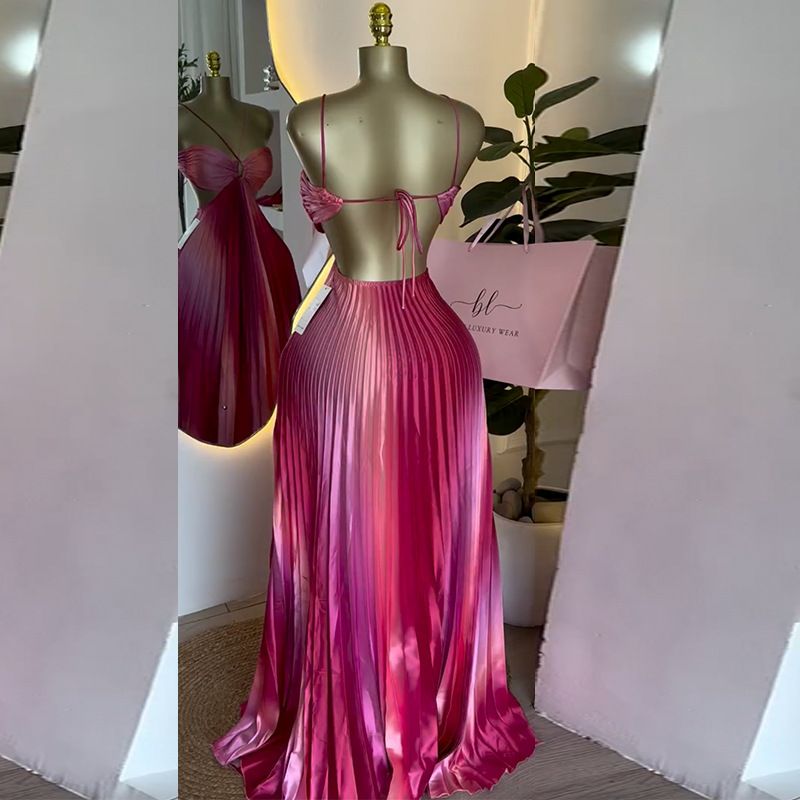 Spring Summer Dresses Women Sweet Fresh Spaghetti Strap Backless A-line Maxi Dress Ladies Pleated Dress