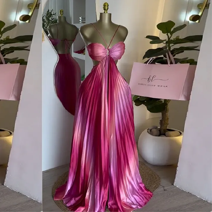 Spring Summer Dresses Women Sweet Fresh Spaghetti Strap Backless A-line Maxi Dress Ladies Pleated Dress