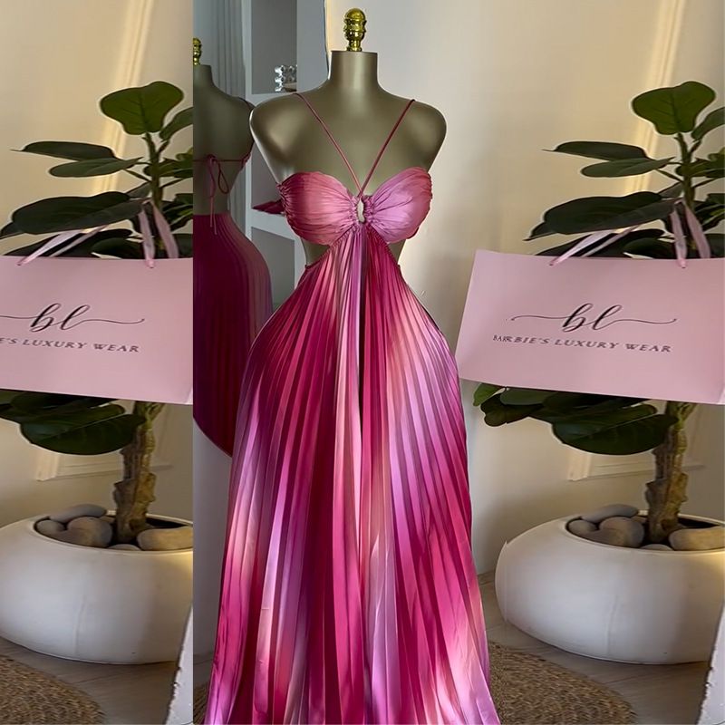 Spring Summer Dresses Women Sweet Fresh Spaghetti Strap Backless A-line Maxi Dress Ladies Pleated Dress