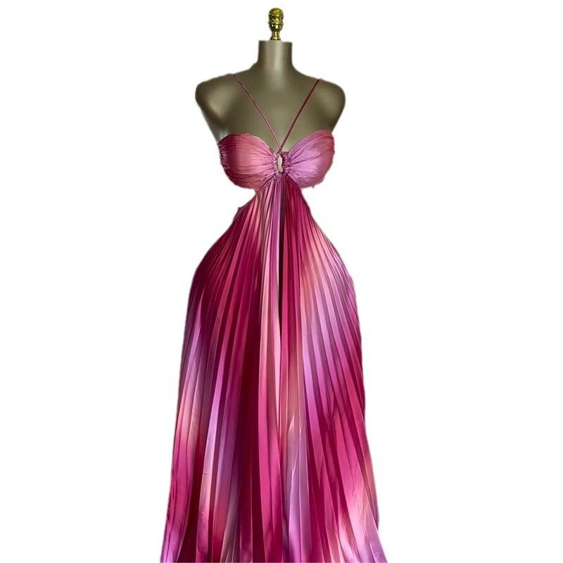 Spring Summer Dresses Women Sweet Fresh Spaghetti Strap Backless A-line Maxi Dress Ladies Pleated Dress