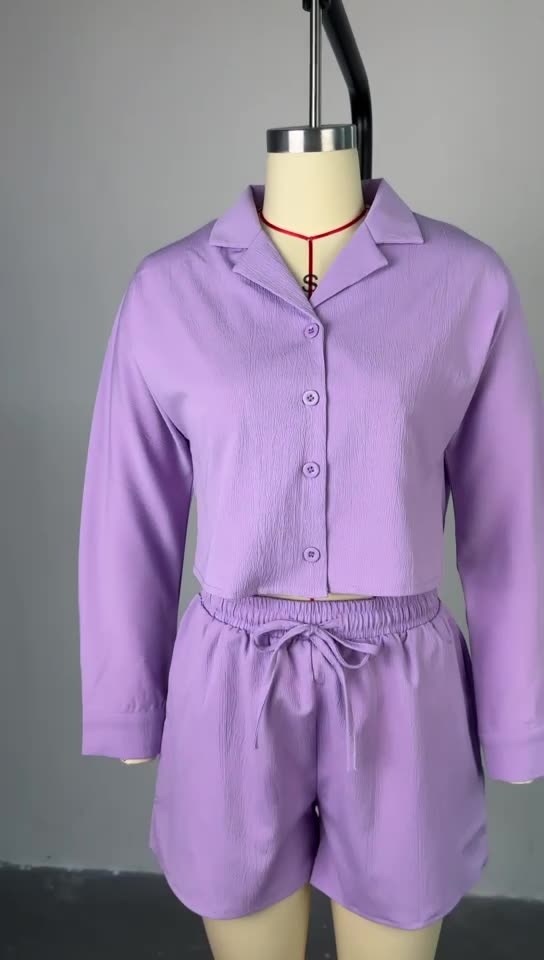 Fall Spring Summer Fashion Blouse Top Drawstring Short 2 Piece Sets Outfit Two Piece Short Set Women'S Suits Women Short Sets