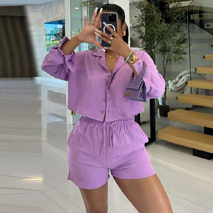Fall Spring Summer Fashion Blouse Top Drawstring Short 2 Piece Sets Outfit Two Piece Short Set Women'S Suits Women Short Sets