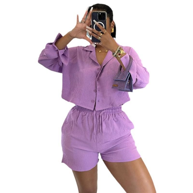 Fall Spring Summer Fashion Blouse Top Drawstring Short 2 Piece Sets Outfit Two Piece Short Set Women'S Suits Women Short Sets
