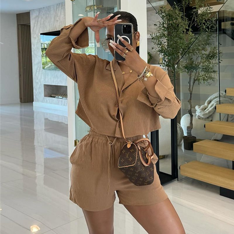 Fall Spring Summer Fashion Blouse Top Drawstring Short 2 Piece Sets Outfit Two Piece Short Set Women'S Suits Women Short Sets