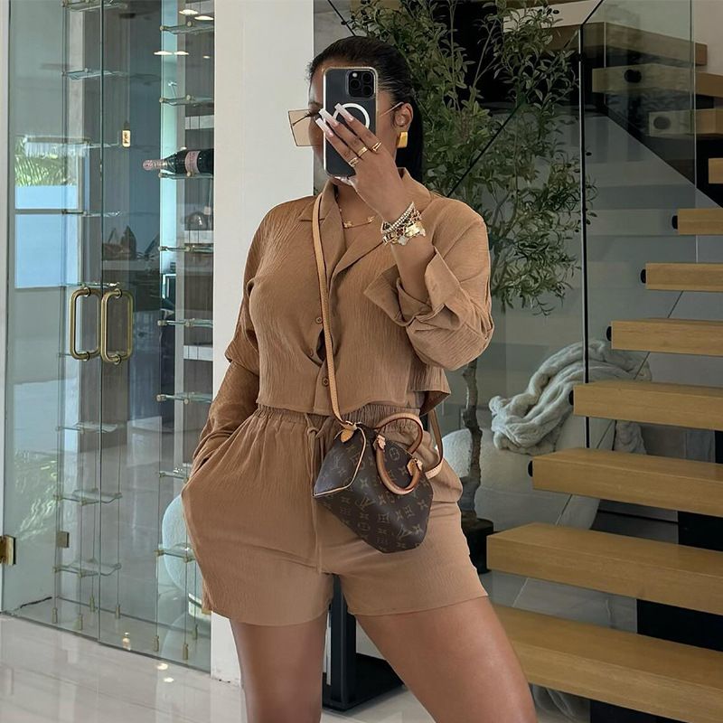 Fall Spring Summer Fashion Blouse Top Drawstring Short 2 Piece Sets Outfit Two Piece Short Set Women'S Suits Women Short Sets