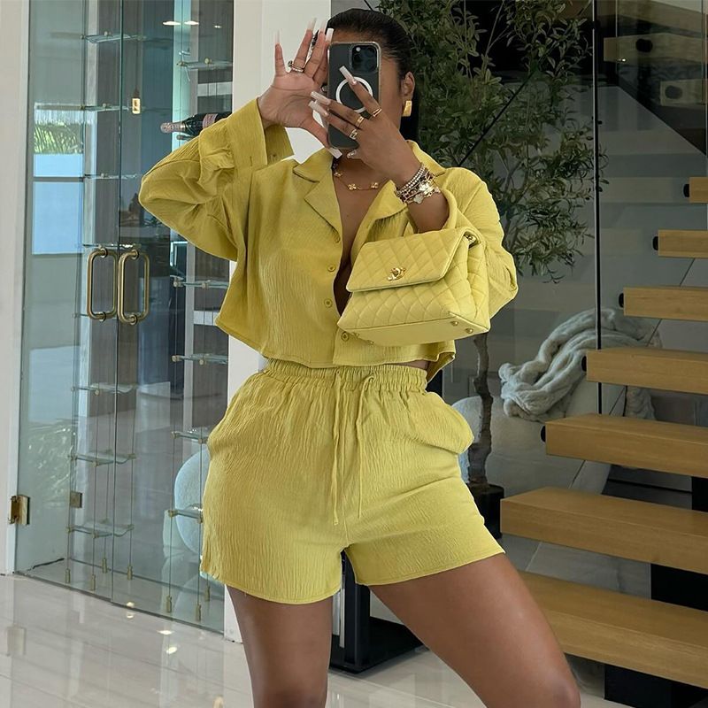 Fall Spring Summer Fashion Blouse Top Drawstring Short 2 Piece Sets Outfit Two Piece Short Set Women'S Suits Women Short Sets