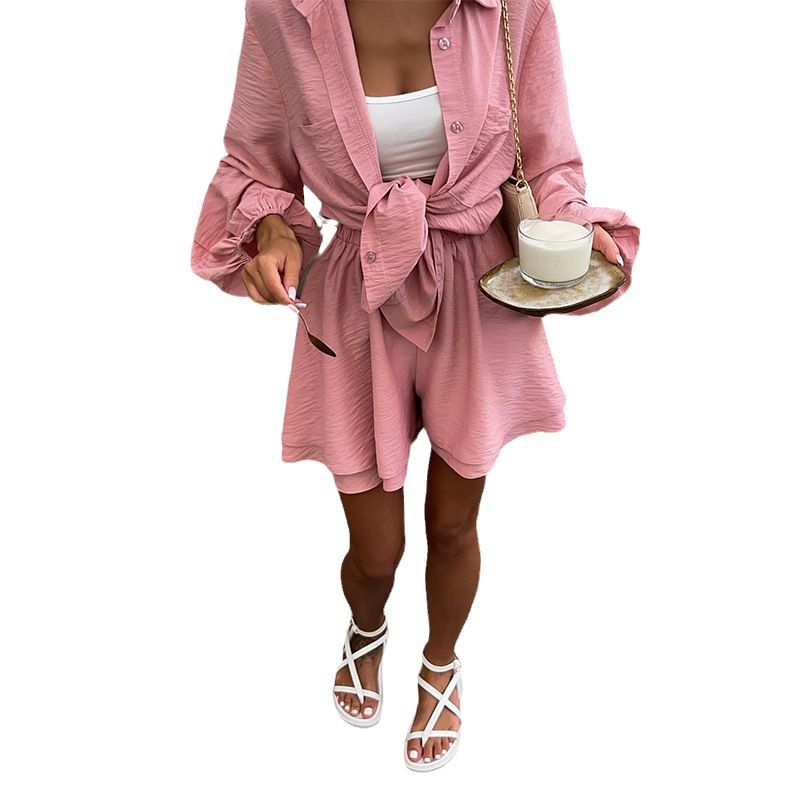 Chic Lightweight Women's Suit Crepe Powder Pearl Pink Shirt Shorts Set for Summer Two-Piece Outfits