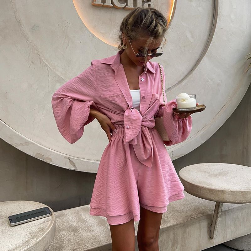 Chic Lightweight Women's Suit Crepe Powder Pearl Pink Shirt Shorts Set for Summer Two-Piece Outfits