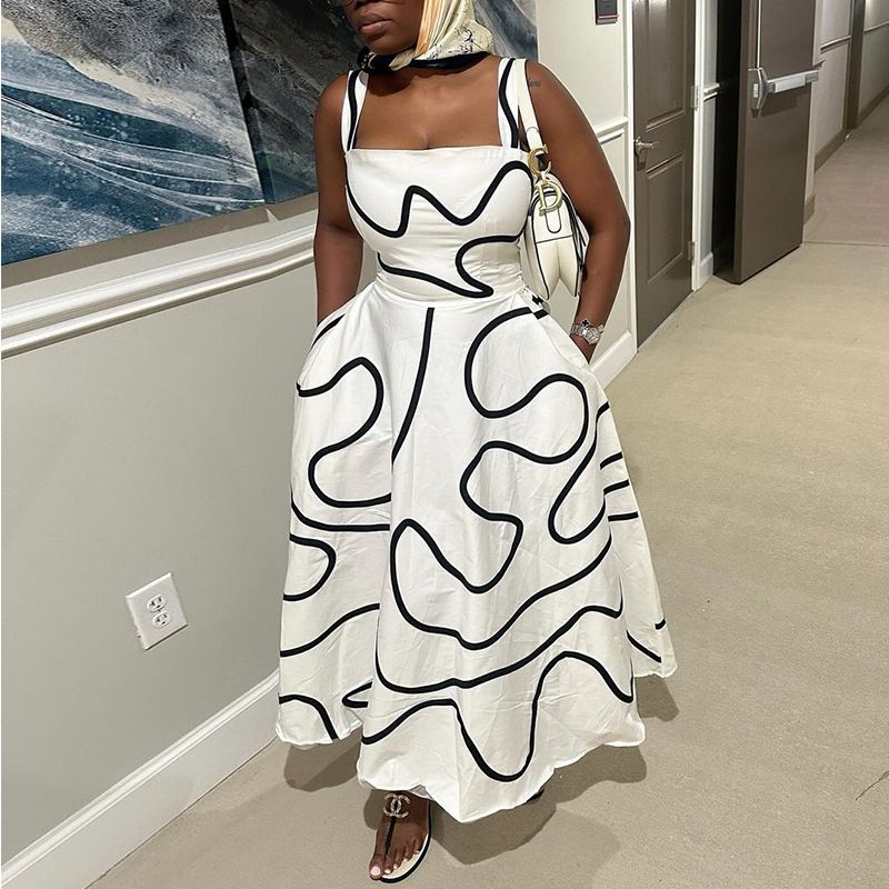 Fashion Summer Boutique Clothing Women Maxi Dresses Party Unique Print Sleeveless A-line Big Swing Long Dress