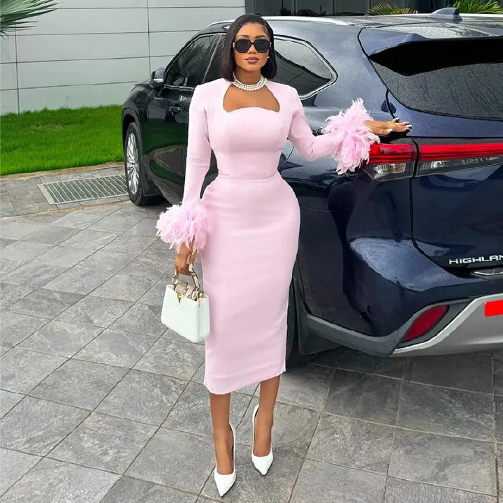Women Long Sleeve Sexy Square Collar Feathers Bodycon Mid-calf Dress Bandage Fashion Women Evening Dresses