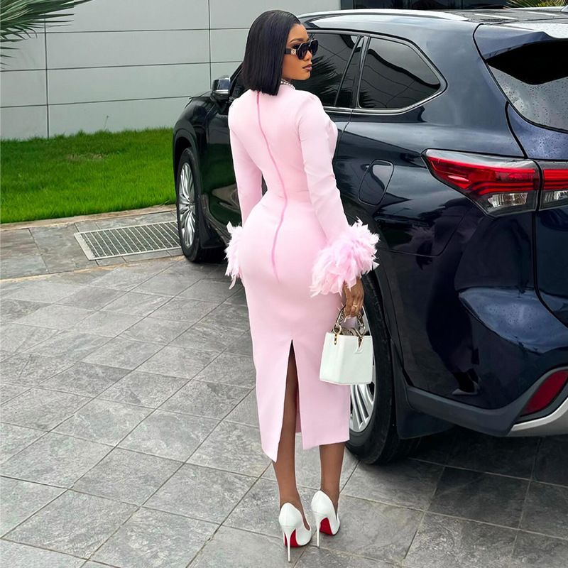 Women Long Sleeve Sexy Square Collar Feathers Bodycon Mid-calf Dress Bandage Fashion Women Evening Dresses