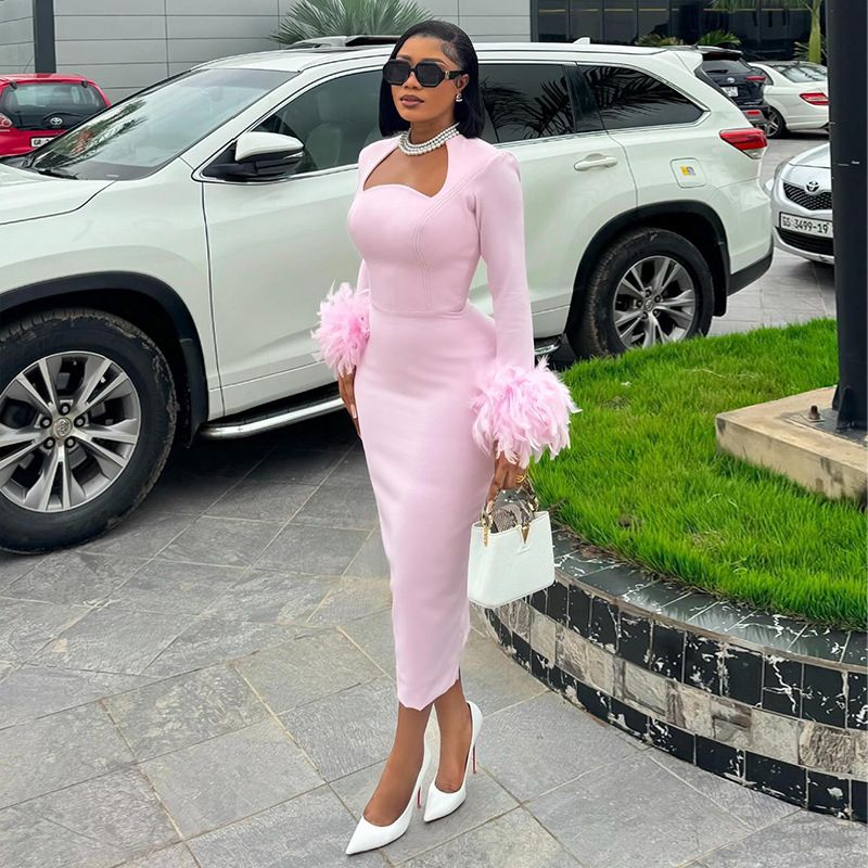Women Long Sleeve Sexy Square Collar Feathers Bodycon Mid-calf Dress Bandage Fashion Women Evening Dresses
