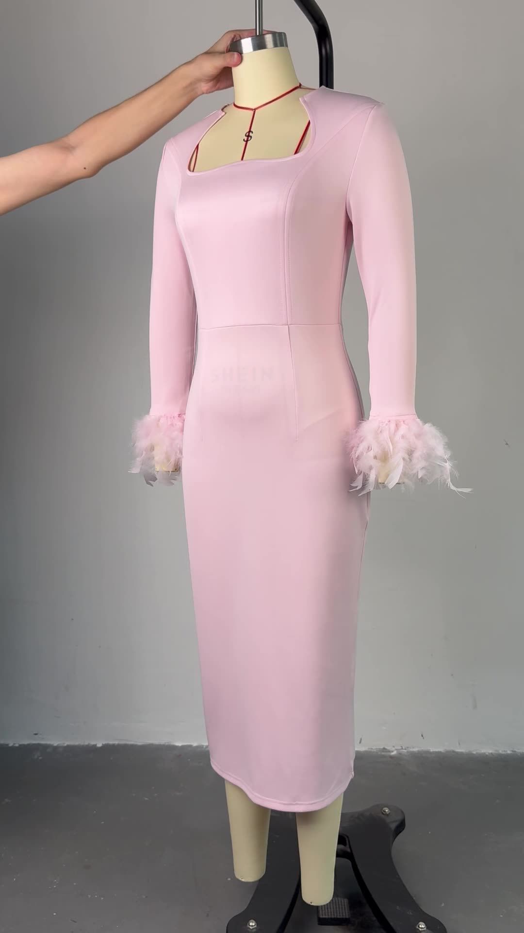 Women Long Sleeve Sexy Square Collar Feathers Bodycon Mid-calf Dress Bandage Fashion Women Evening Dresses
