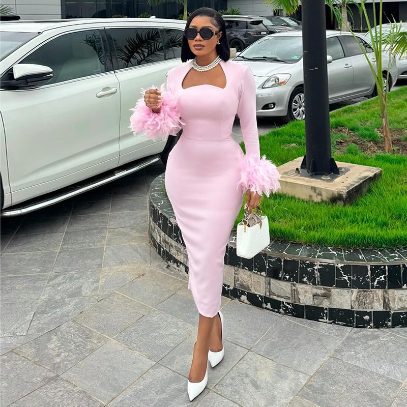 Women Long Sleeve Sexy Square Collar Feathers Bodycon Mid-calf Dress Bandage Fashion Women Evening Dresses