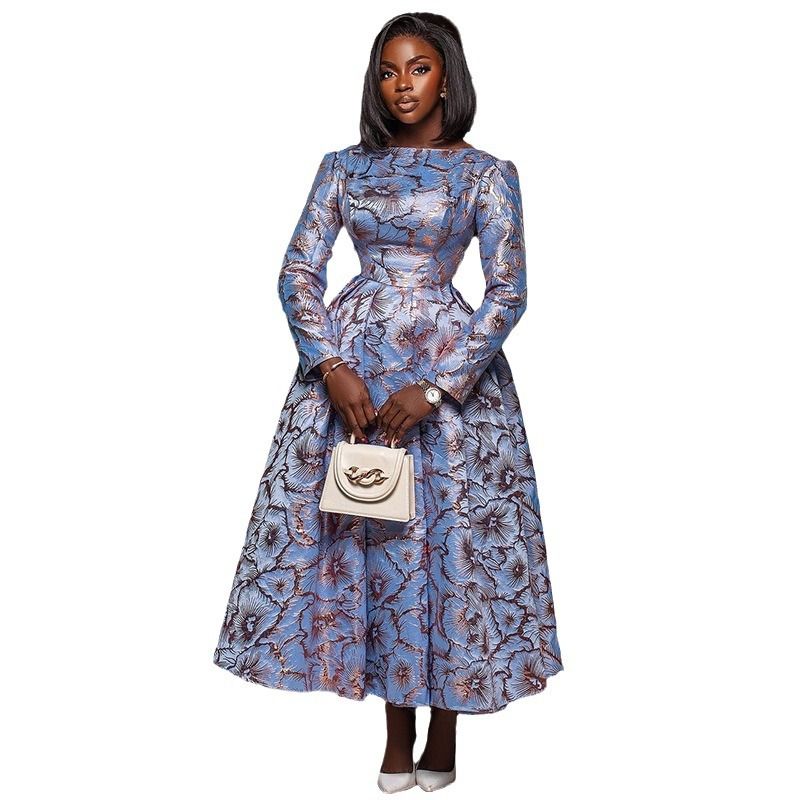 Hot Sale Long Sleeve Satin O Neck Sash Party Dresses Maxi Slit Printed Evening Dresses Women  Dresses
