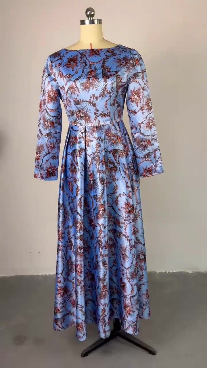 Hot Sale Long Sleeve Satin O Neck Sash Party Dresses Maxi Slit Printed Evening Dresses Women  Dresses