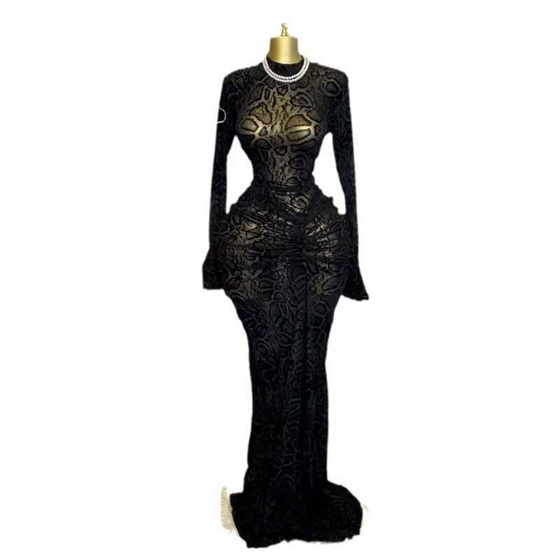 Women's Clothes Elegant Temperament Evening Dress Semi-high-necked Lace Long-sleeved High-pocket Hip One-step Party Dresses