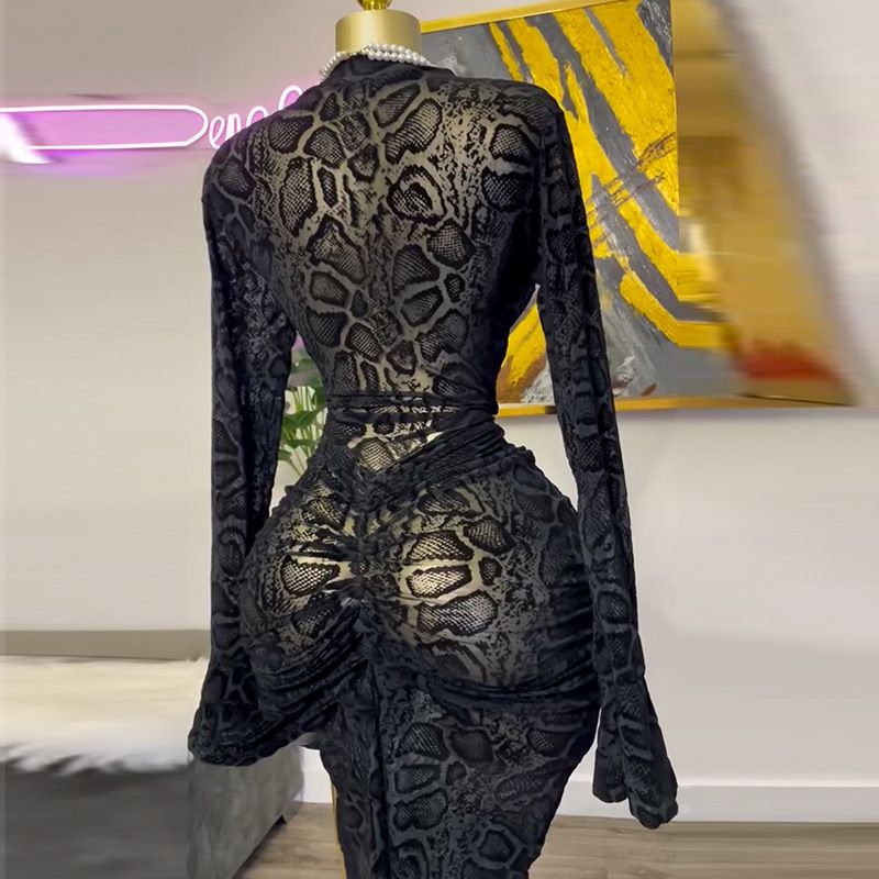 Women's Clothes Elegant Temperament Evening Dress Semi-high-necked Lace Long-sleeved High-pocket Hip One-step Party Dresses