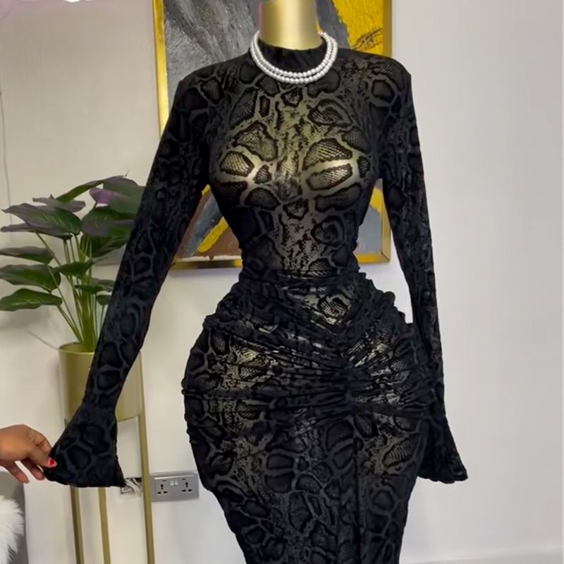 Women's Clothes Elegant Temperament Evening Dress Semi-high-necked Lace Long-sleeved High-pocket Hip One-step Party Dresses
