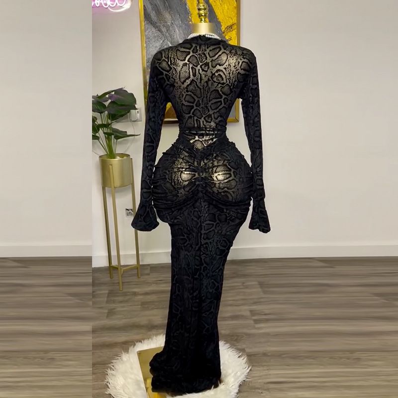 Women's Clothes Elegant Temperament Evening Dress Semi-high-necked Lace Long-sleeved High-pocket Hip One-step Party Dresses