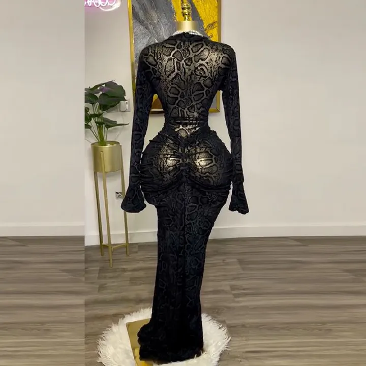 Women's Clothes Elegant Temperament Evening Dress Semi-high-necked Lace Long-sleeved High-pocket Hip One-step Party Dresses