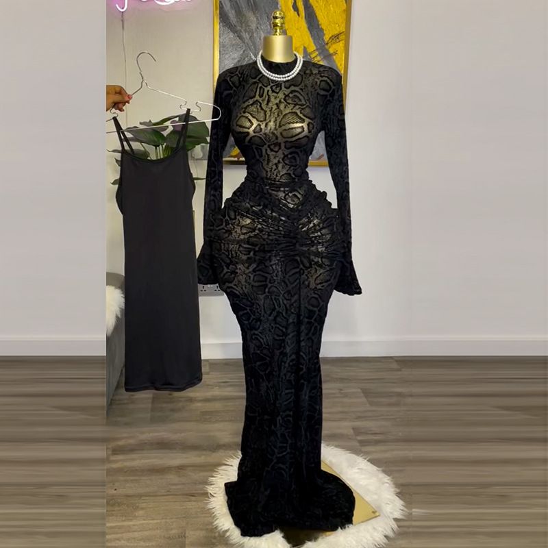 Women's Clothes Elegant Temperament Evening Dress Semi-high-necked Lace Long-sleeved High-pocket Hip One-step Party Dresses