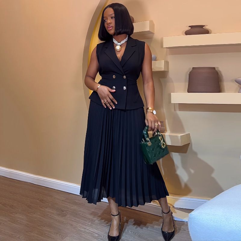 Trendy Outfits for Ladies Suits Office Wear Lapel V-neck Waistcoat & Pleated Wide Leg Pants Set Two Piece Women Clothing Dresses