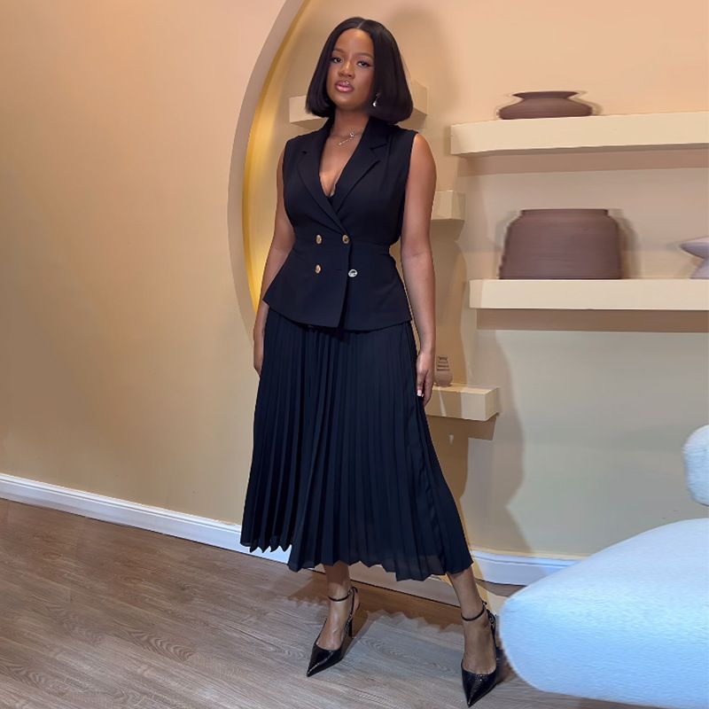 Trendy Outfits for Ladies Suits Office Wear Lapel V-neck Waistcoat & Pleated Wide Leg Pants Set Two Piece Women Clothing Dresses