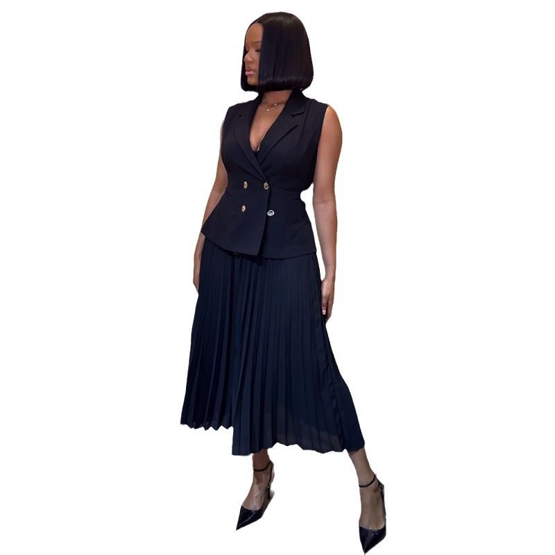 Trendy Outfits for Ladies Suits Office Wear Lapel V-neck Waistcoat & Pleated Wide Leg Pants Set Two Piece Women Clothing Dresses