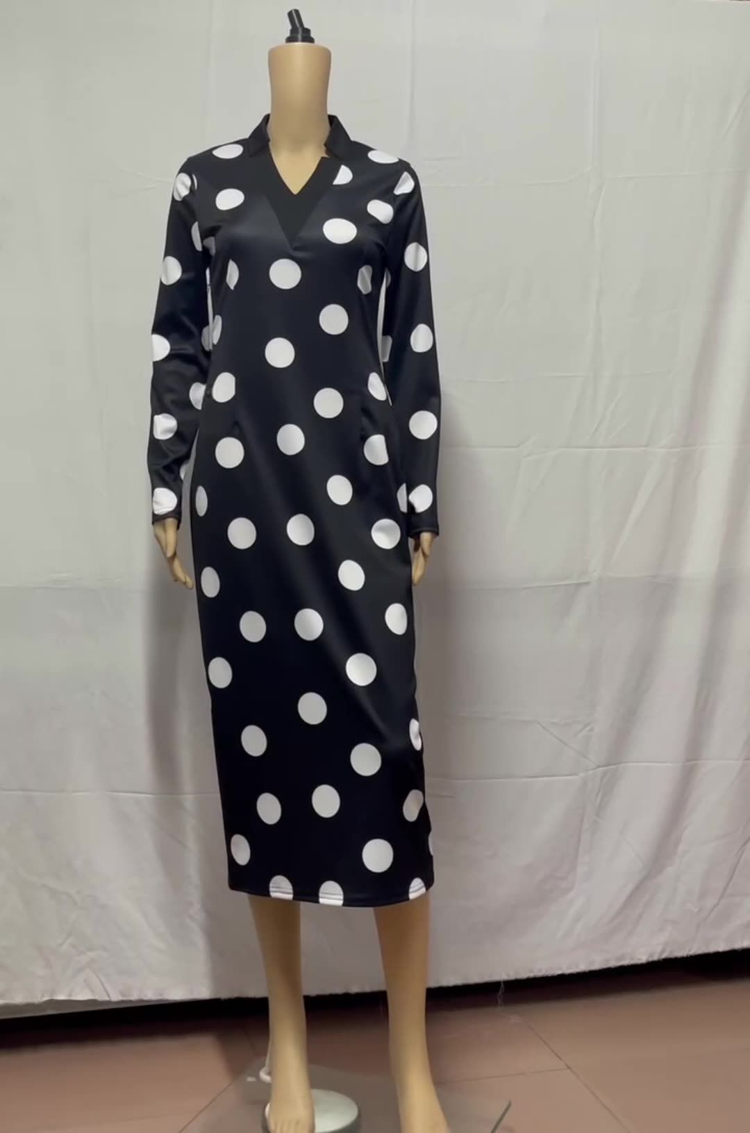 Spring New Product Women Lady Digital Print Plaid Long-sleeved V-neck High-waist Dress