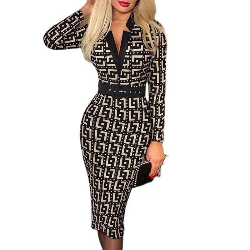Spring New Product Women Lady Digital Print Plaid Long-sleeved V-neck High-waist Dress